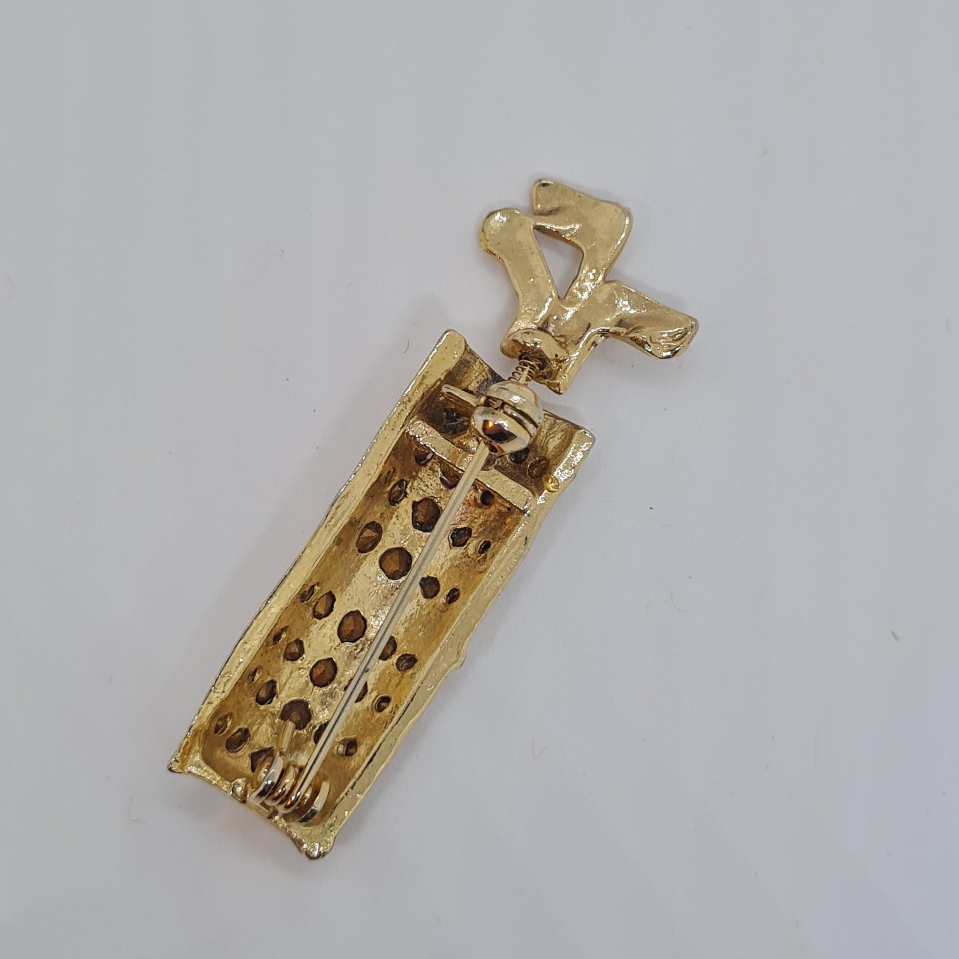 Vintage golf bag brooch, Gold-tone metal golfers brooch pin with trumbler
