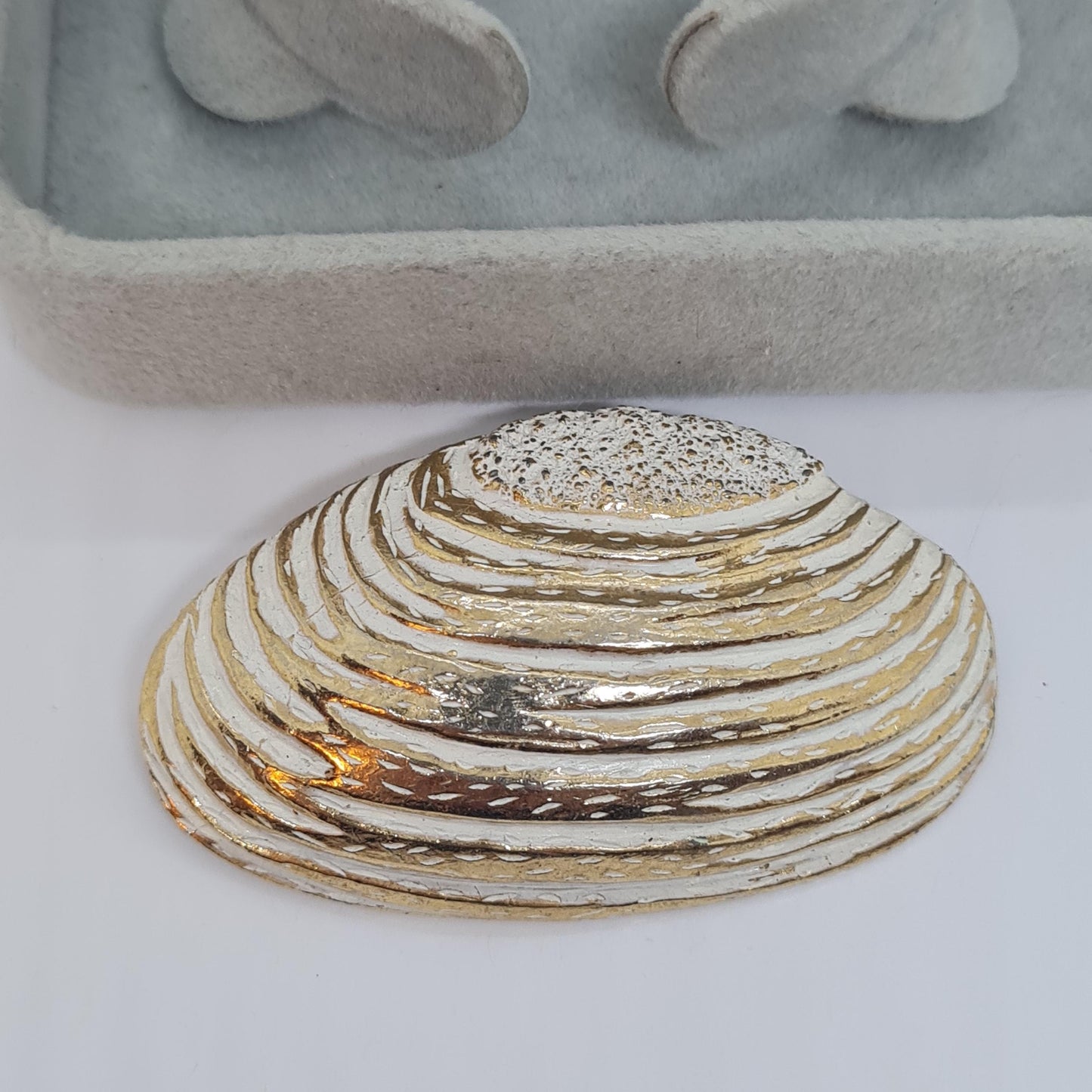 Vintage seashell brooch with textured gold-tone metal pin.