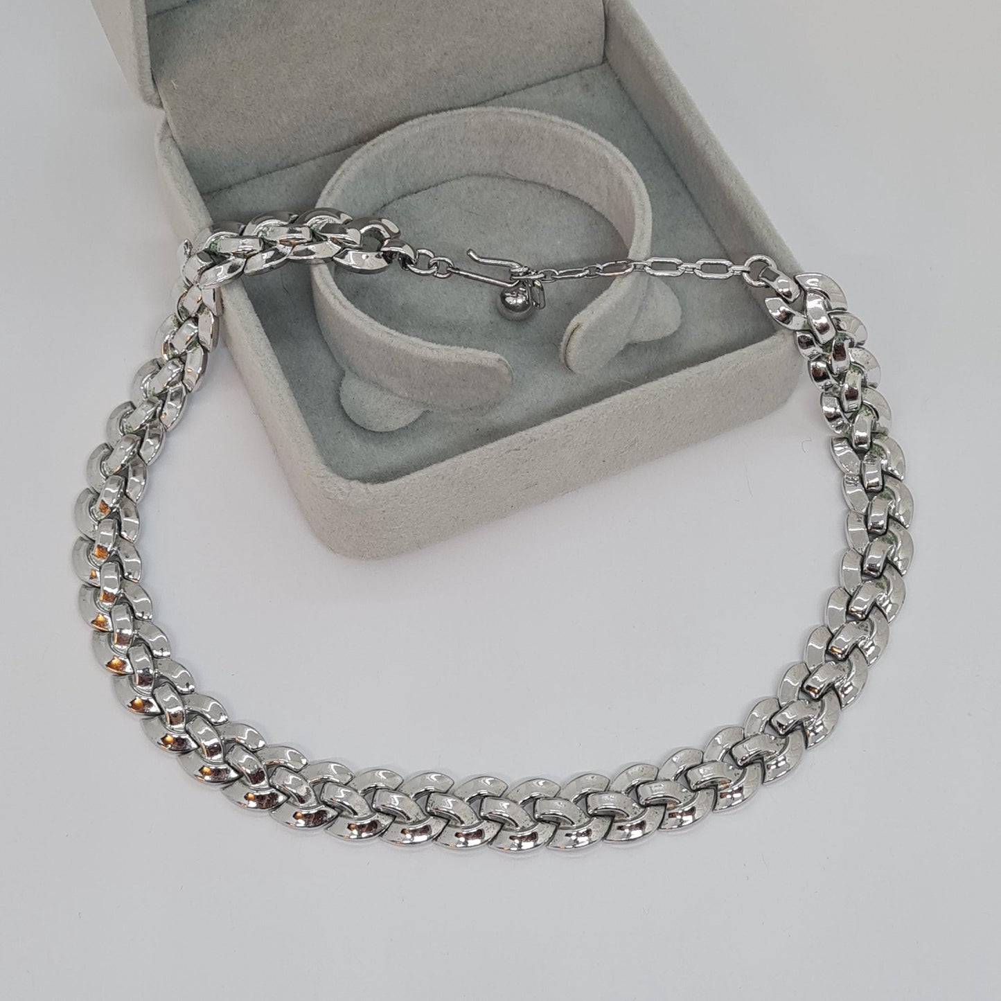 Vintage CROWN TRIFARI choker necklace, Silver-tone choker with weave link by designer