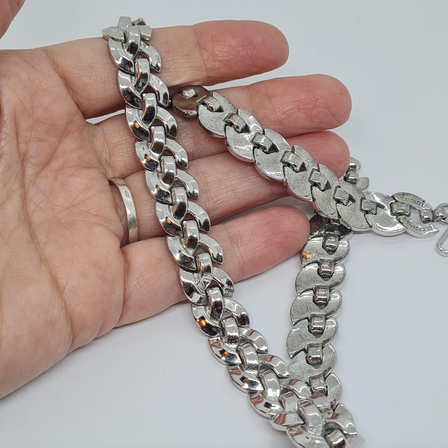 Vintage CROWN TRIFARI choker necklace, Silver-tone choker with weave link by designer