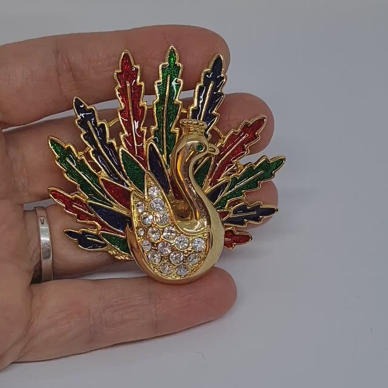 Vintage Peacock brooch Gold tone metal with enamel and rhinestones brooch pin