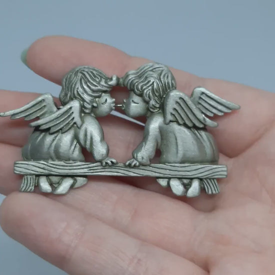 Vintage JJ pewter Kissing Angels brooch, Silver tone, couple of angels brooch pin