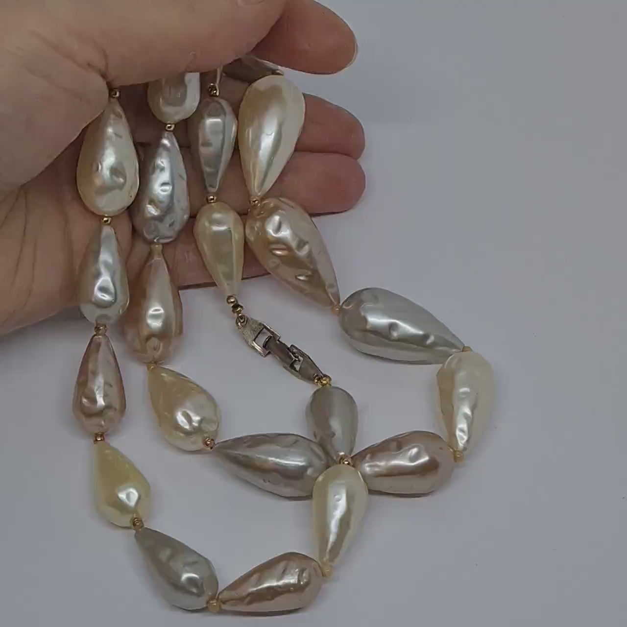 Vintage pearl necklace Beige tone irregular shapes plastic faux pearl Original necklace for women