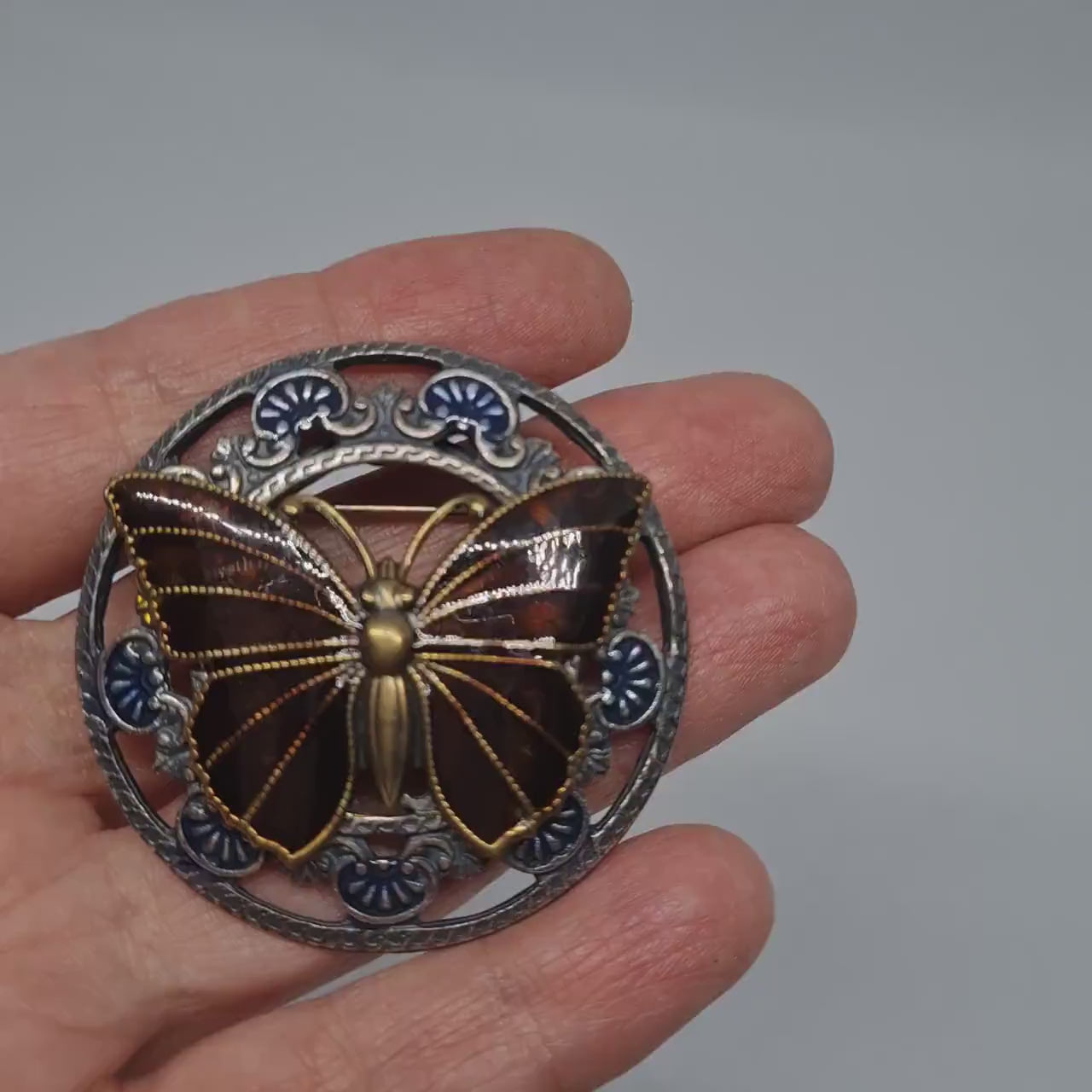 KENNETH COLE butterfly brooch pin vintage Two tone brooch with brown and blue enamel