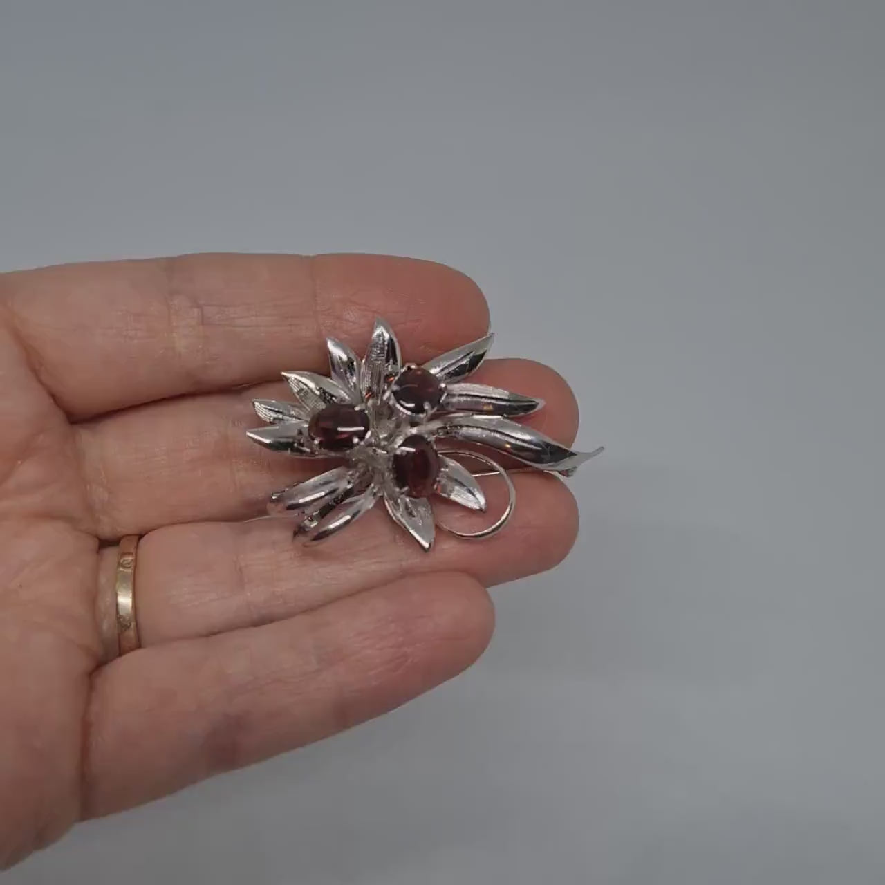 Vintage 925 silver brooch Sterling silver brooch with brown glass cabochons Floral brooch for women