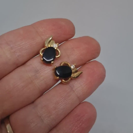 Vintage Gold Tone Stud Earrings: Rhinestone & Black Glass Cabochon