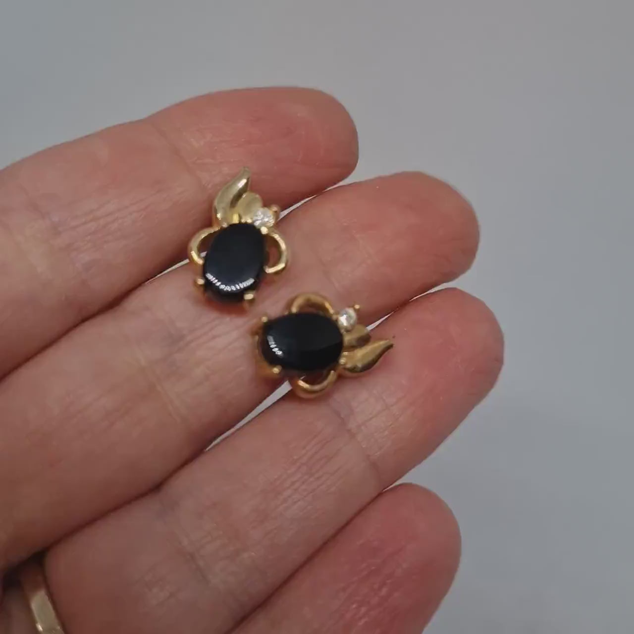 Vintage Gold Tone Stud Earrings: Rhinestone & Black Glass Cabochon
