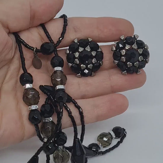 Vintage ROBERT ROSE Rhinestone Jewelry Set: Black Plastic Necklace and Clip-On Earrings